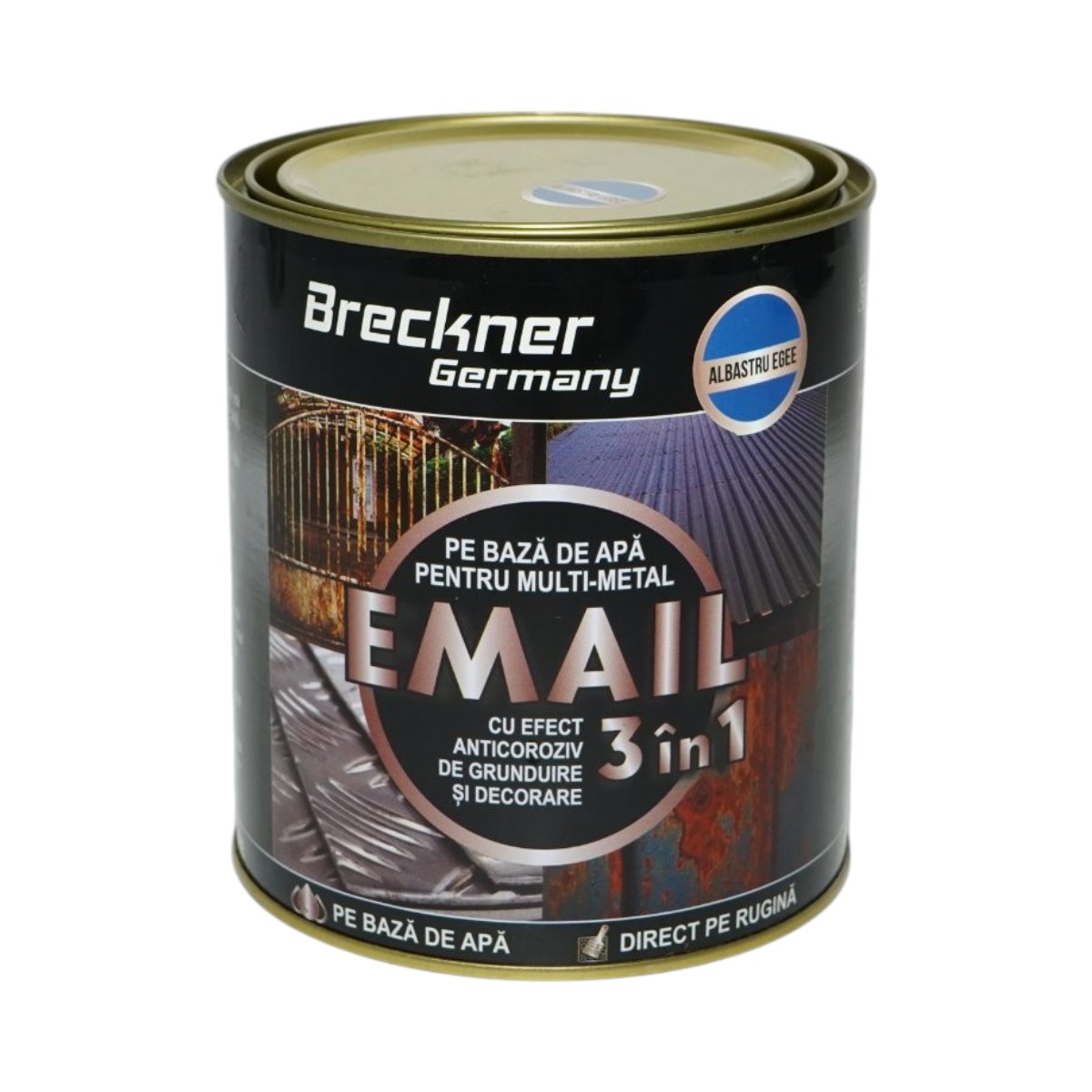Vopsea email anticoroziva 3 in 1 albastru egee pentru metal 750g, direct pe rugina, pe baza de apa Breckner Germany - imagine 2