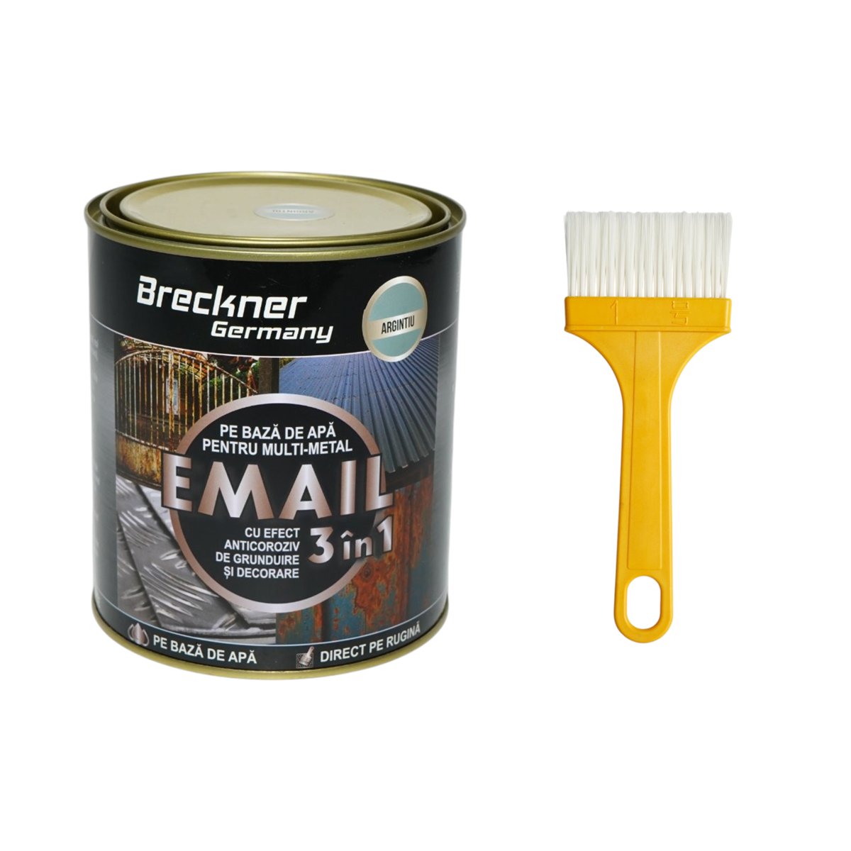 Vopsea email anticoroziva 3 in 1 argintie pentru metal 750g, direct pe rugina, pe baza de apa Breckner Germany