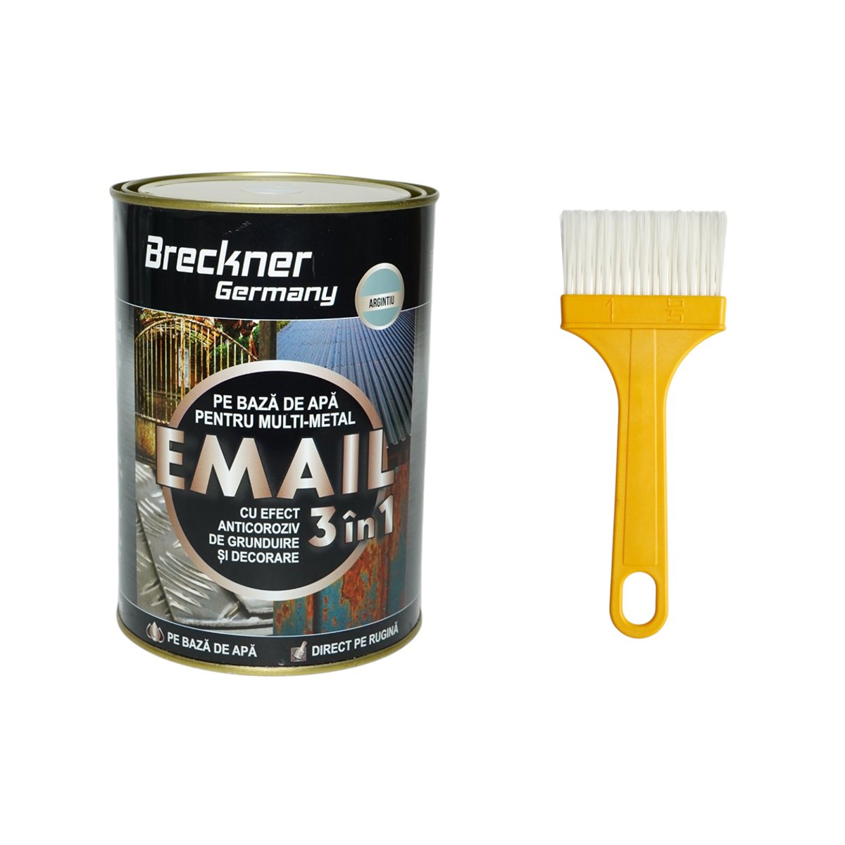 Vopsea email anticoroziva 3 in 1 argintie pentru metal 2kg, direct pe rugina, pe baza de apa Breckner Germany