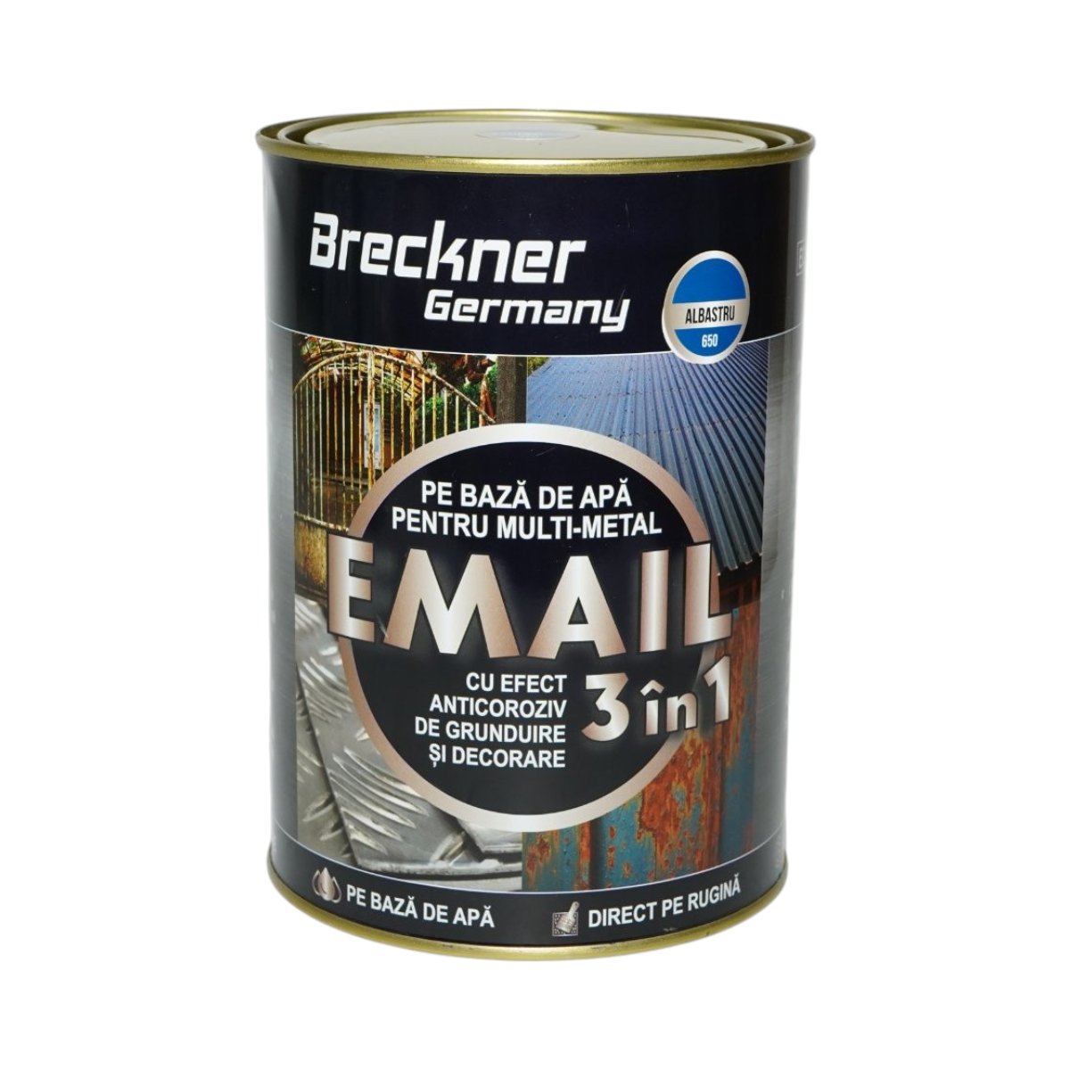 Vopsea email anticoroziva 3 in 1 albastru 650 pentru metal 2kg, direct pe rugina, pe baza de apa Breckner Germany - imagine 2