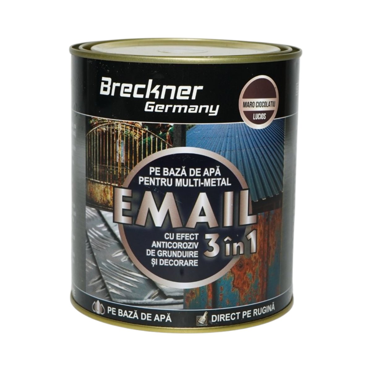 Vopsea email anticoroziva 3 in 1 maro ciocolatiu lucios pentru metal 750g, direct pe rugina, pe baza de apa Breckner Germany - imagine 2