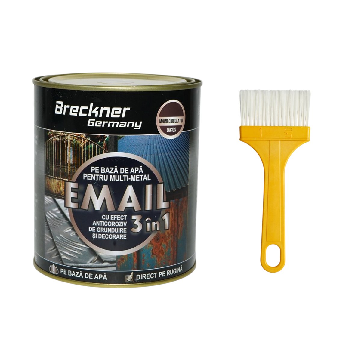 Vopsea email anticoroziva 3 in 1 maro ciocolatiu lucios pentru metal 750g, direct pe rugina, pe baza de apa Breckner Germany
