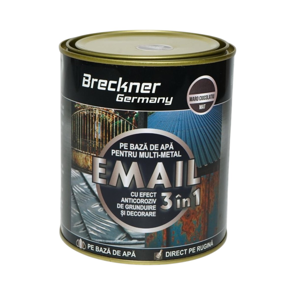 Vopsea email anticoroziva 3 in 1 maro ciocolatiu mat pentru metal 750g, direct pe rugina, pe baza de apa Breckner Germany - imagine 2