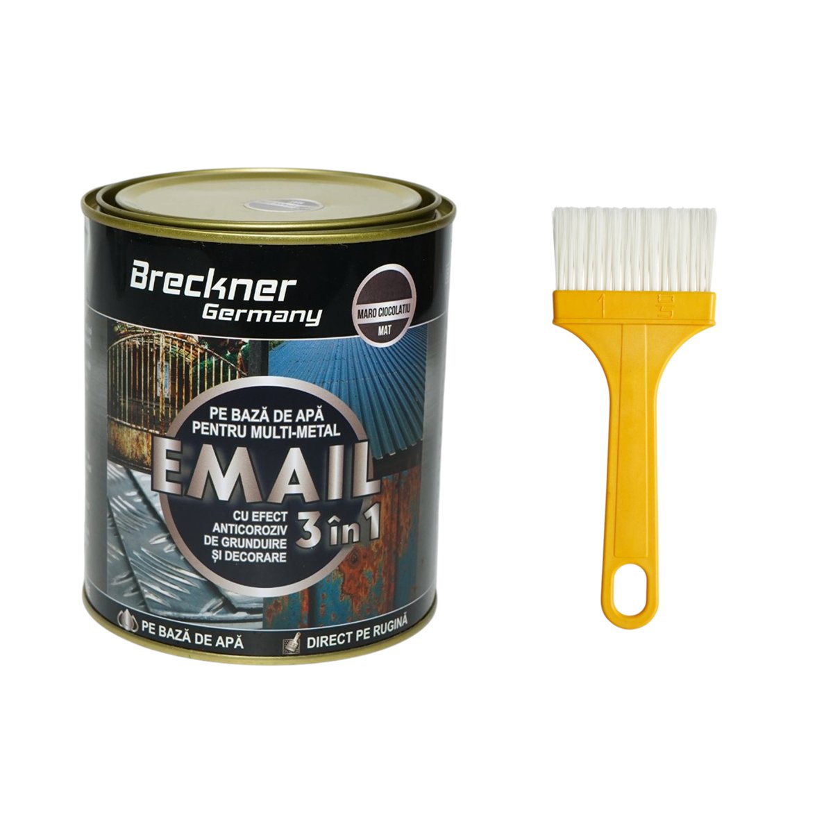 Vopsea email anticoroziva 3 in 1 maro ciocolatiu mat pentru metal 750g, direct pe rugina, pe baza de apa Breckner Germany