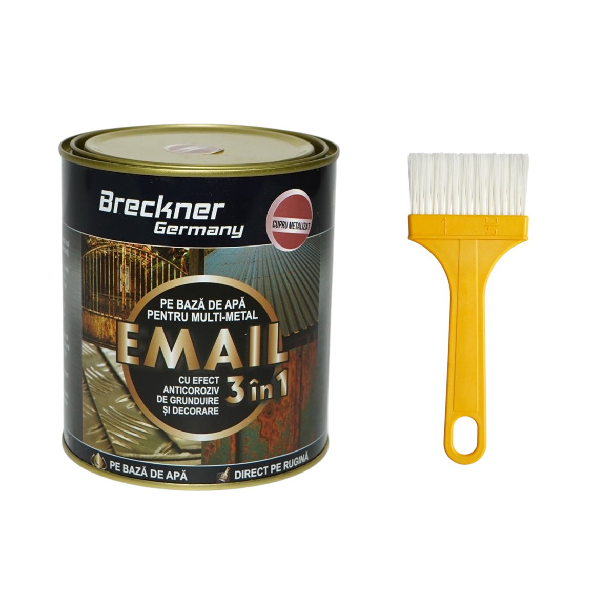 Vopsea email anticoroziva 3 in 1 cupru metalizat pentru metal 750g, direct pe rugina, pe baza de apa Breckner Germany