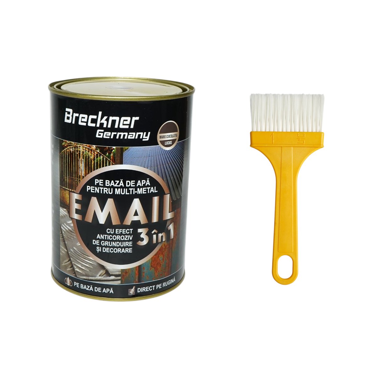 Vopsea email anticoroziva 3 in 1 maro ciocolatiu lucios pentru metal 2kg, direct pe rugina, pe baza de apa Breckner Germany