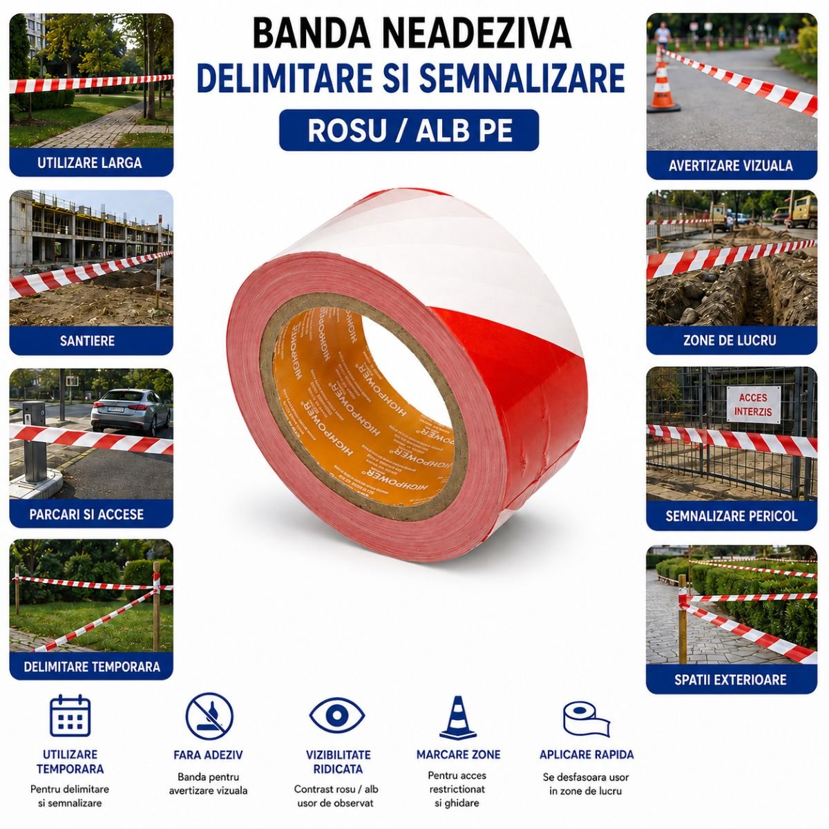 Banda delimitare si semnalizare 50mm x 300m rosu-alb PE HighPower - imagine 4