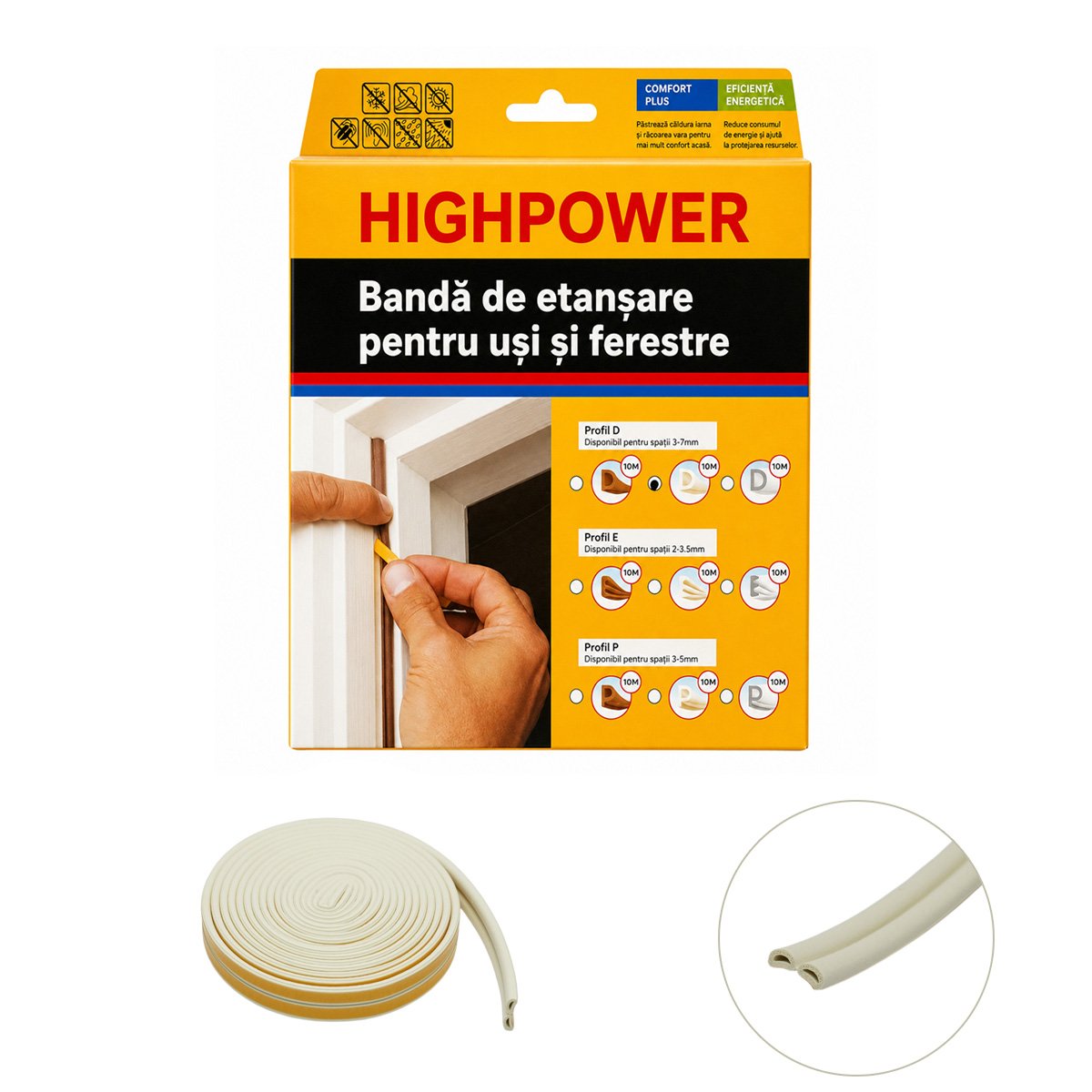 Garnitura etansare usi si ferestre alba autoadeziva 10m, profil D 3-7mm, EPDM HighPower