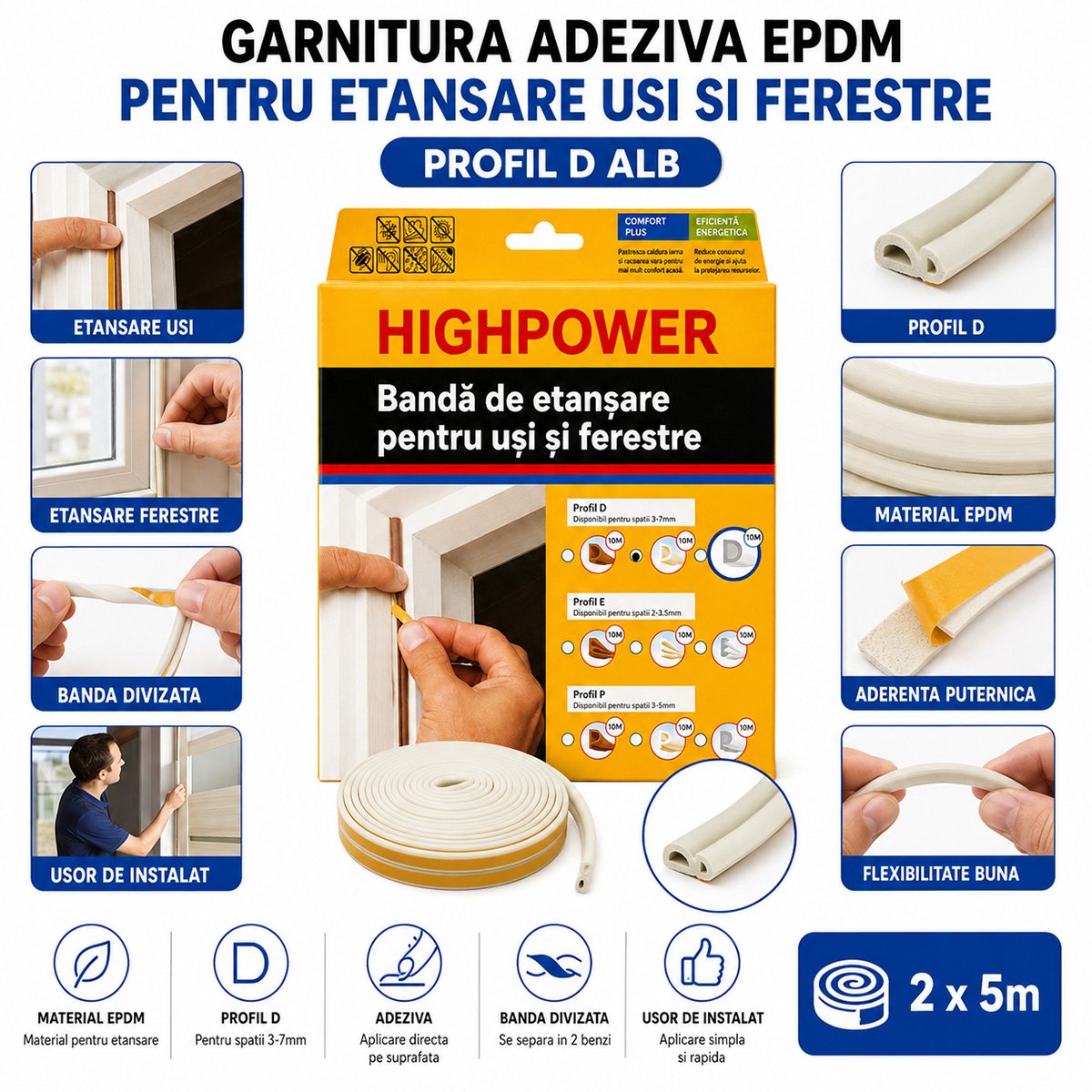 Garnitura etansare usi si ferestre alba autoadeziva 10m, profil D 3-7mm, EPDM HighPower - imagine 3