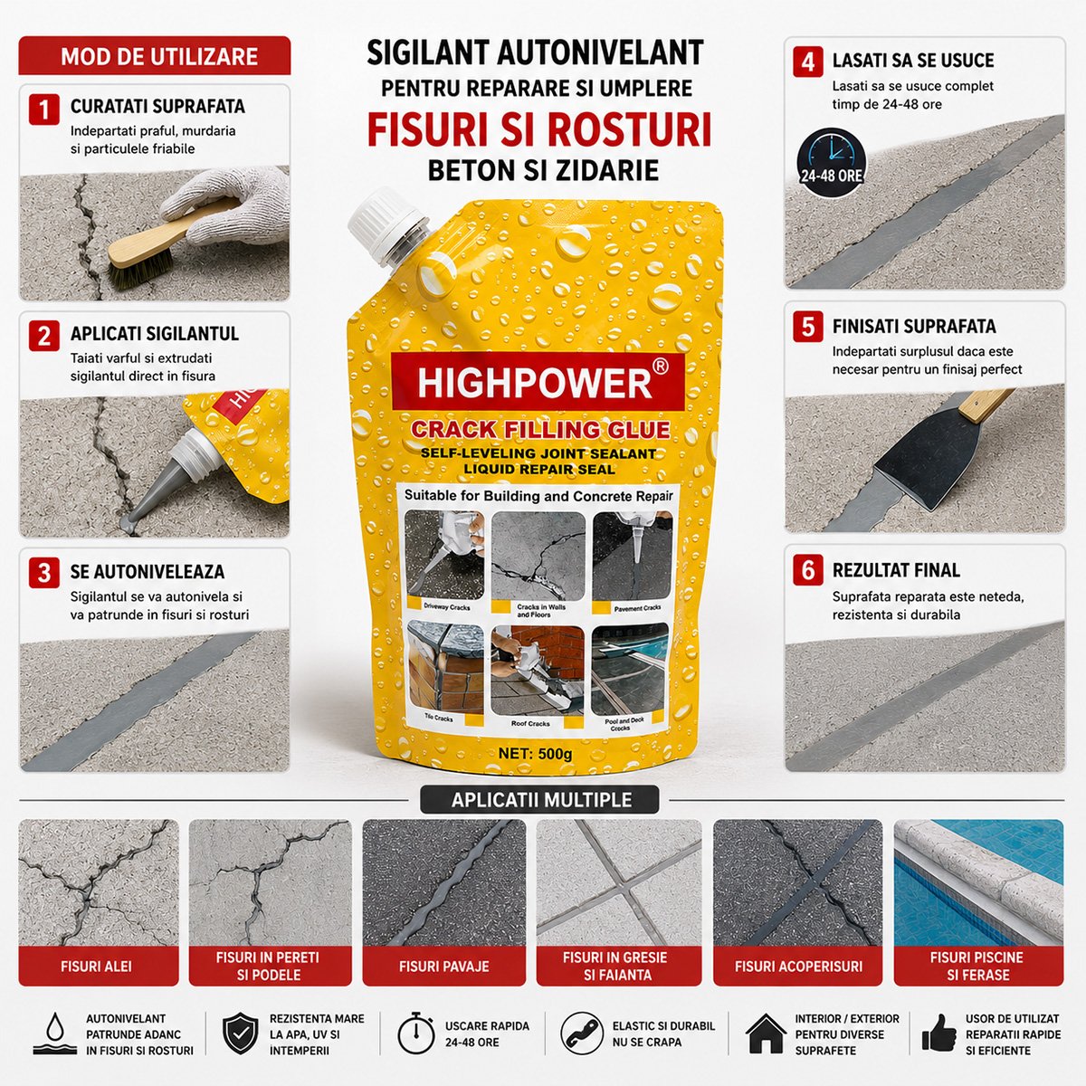 Sigilant autonivelant elastic pentru umplere si reparare fisuri beton gri 500g HighPower - imagine 3