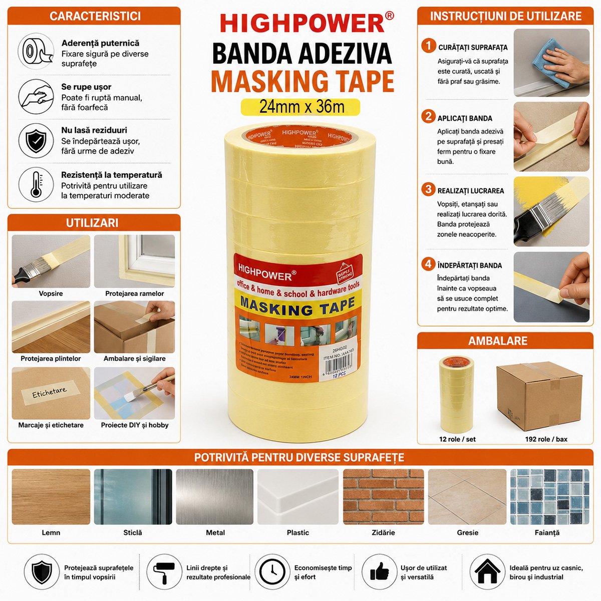 Banda adeziva mascare uz general 24mm x 36m din hartie galbena HighPower - imagine 4