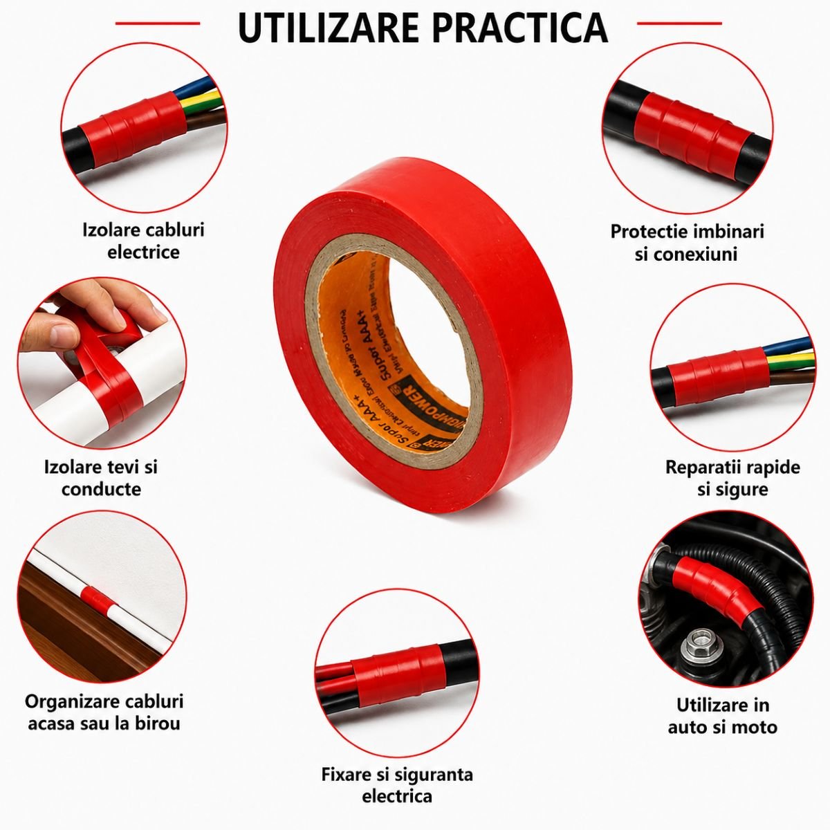 Banda izolatoare rosie vinil 19mm x 9m Anti Fire Super AAA+ HighPower - imagine 4