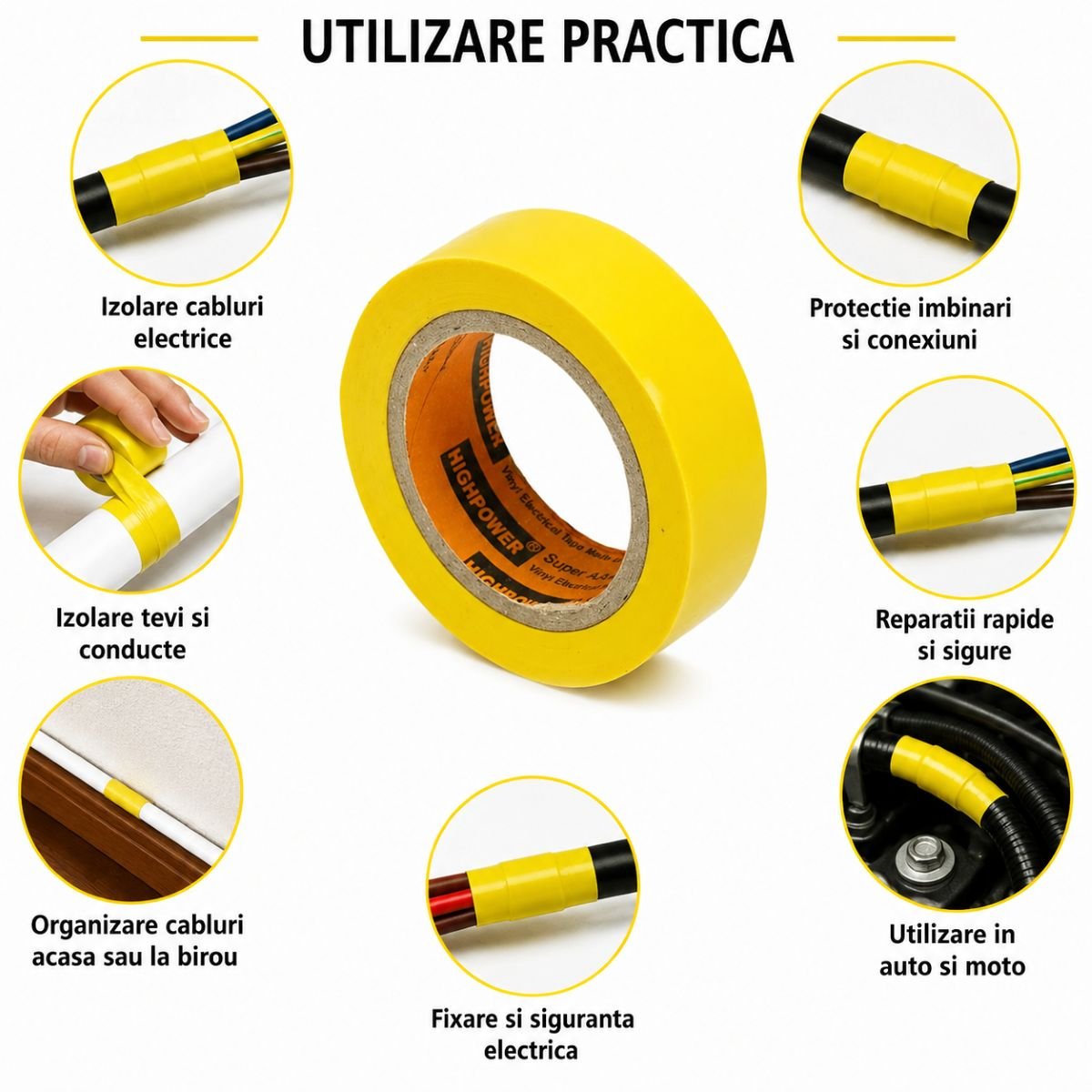 Banda izolatoare galbena vinil 19mm x 9m Anti Fire Super AAA+ HighPower - imagine 4