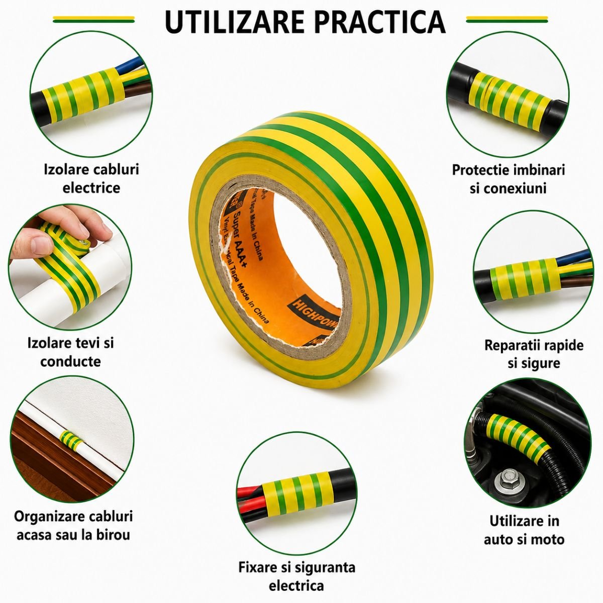 Banda izolatoare galben-verde vinil 19mm x 9m Anti Fire Super AAA+ HighPower - imagine 4