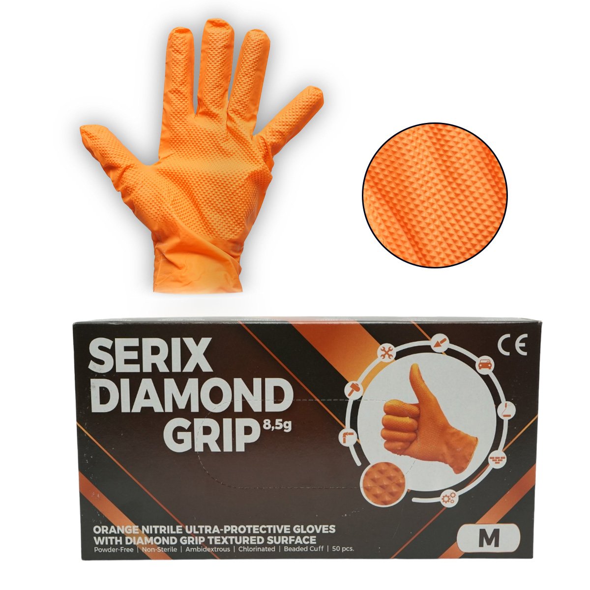 Manusi din nitril portocalii nepudrate cu textura diamond grip, marimea M 50 buc/cutie