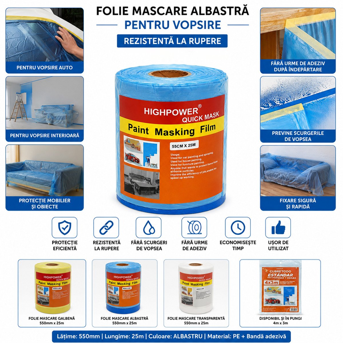 Folie protectie vopsit si zugravit cu banda adeziva albastra 550mm x 25m HighPower - imagine 4