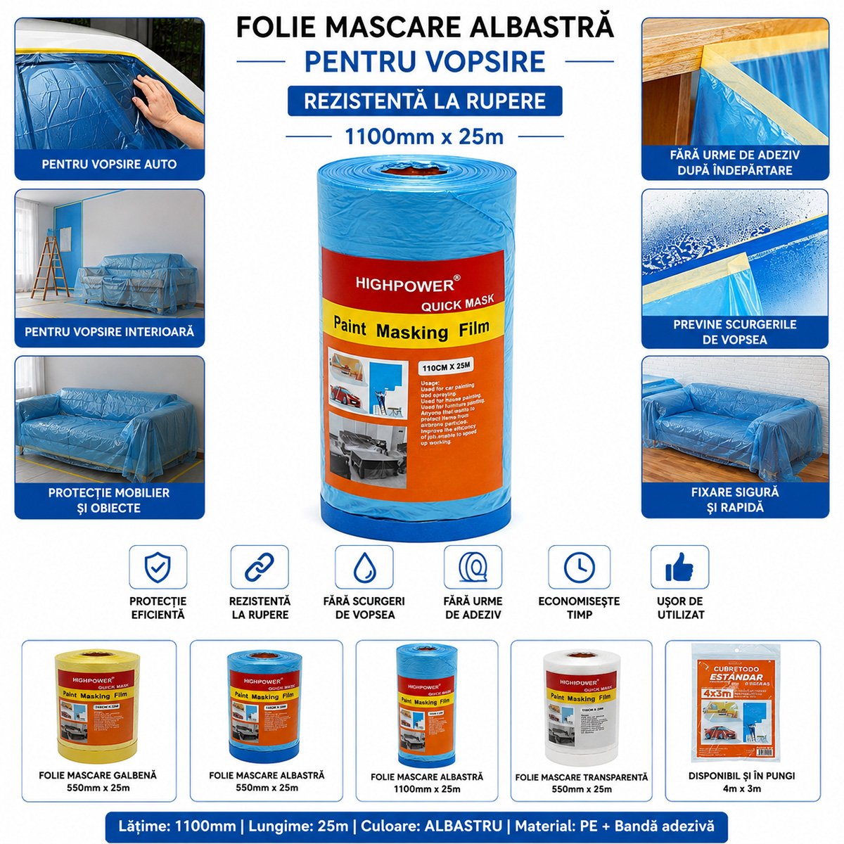 Folie protectie vopsit si zugravit cu banda adeziva albastra 1100mm x 25m HighPower - imagine 4