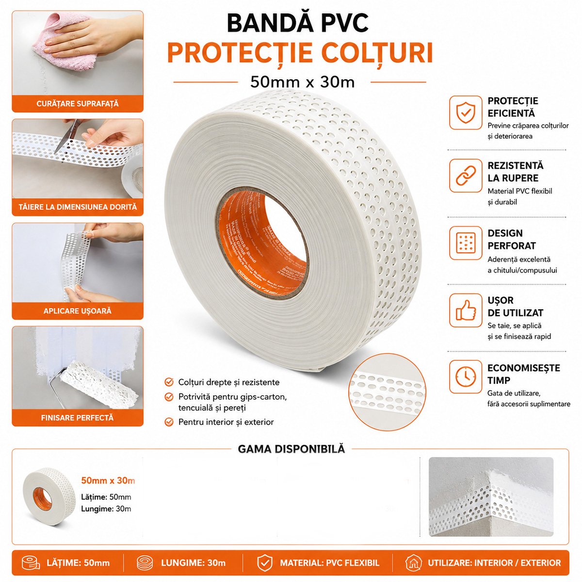 Banda protectie colturi rigips 50mm x 30m PVC perforata autoadeziva HighPower - imagine 5