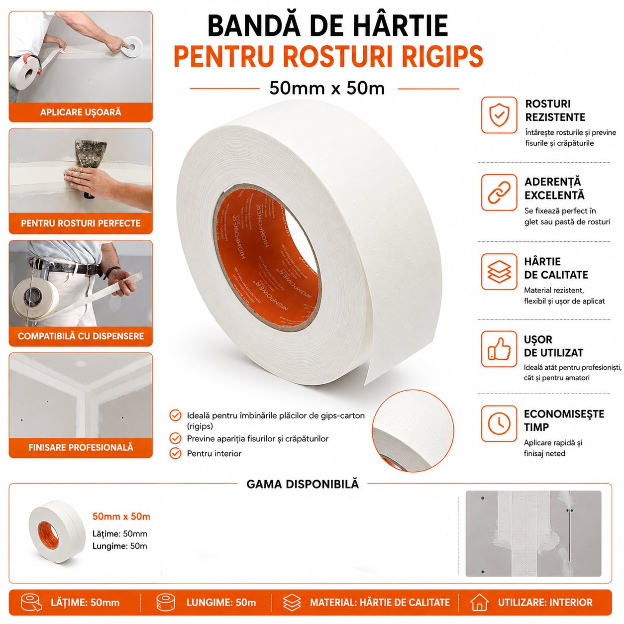 Banda hartie armare rosturi rigips 50mm x 50m HighPower - imagine 4