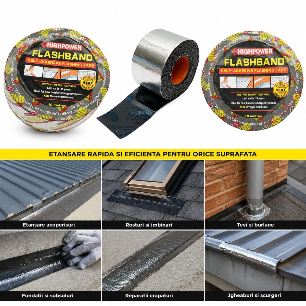 Banda bituminoasa autoadeziva 100mm x 10m pentru etansare si hidroizolare HighPower - imagine 4