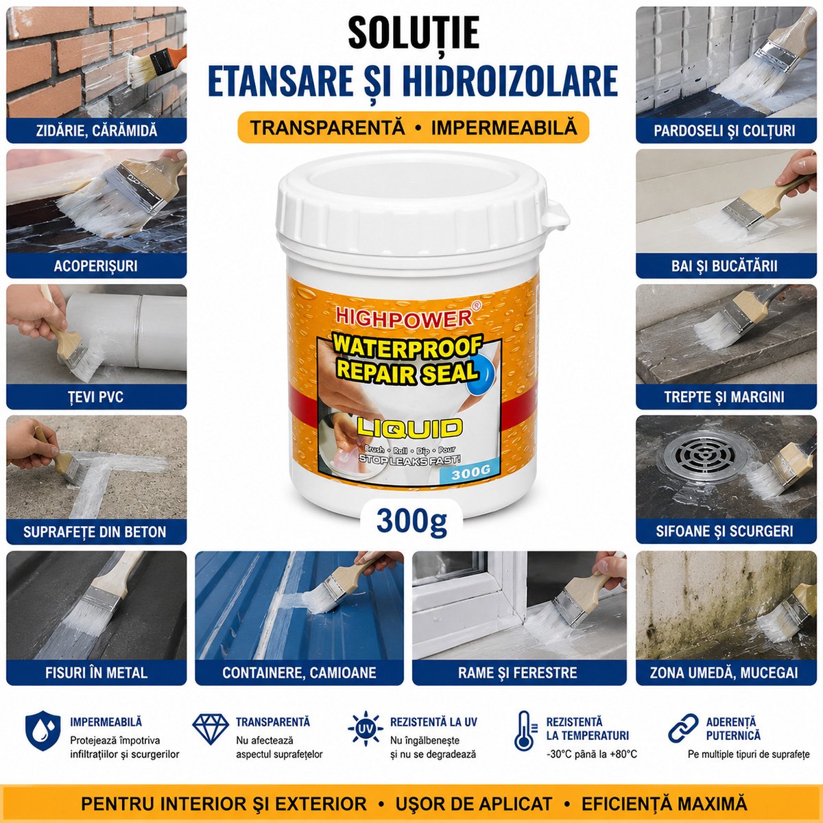 Solutie impermeabilizare cauciuc lichid transparent de etansare si hidroizolare 300g HighPower - imagine 2