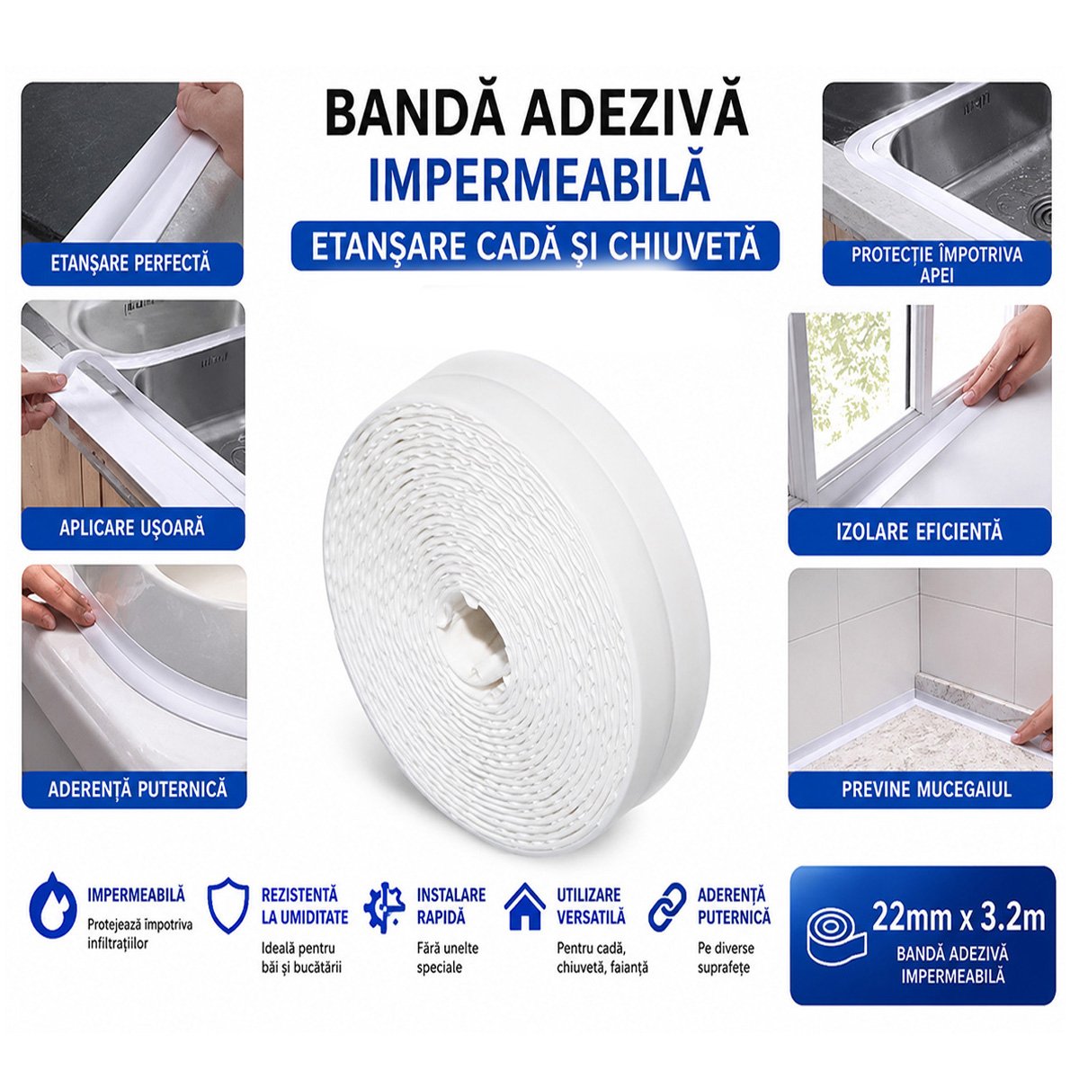 Banda etansare cada si chiuveta impermeabila autoadeziva 22mm x 3.2m HighPower - imagine 4
