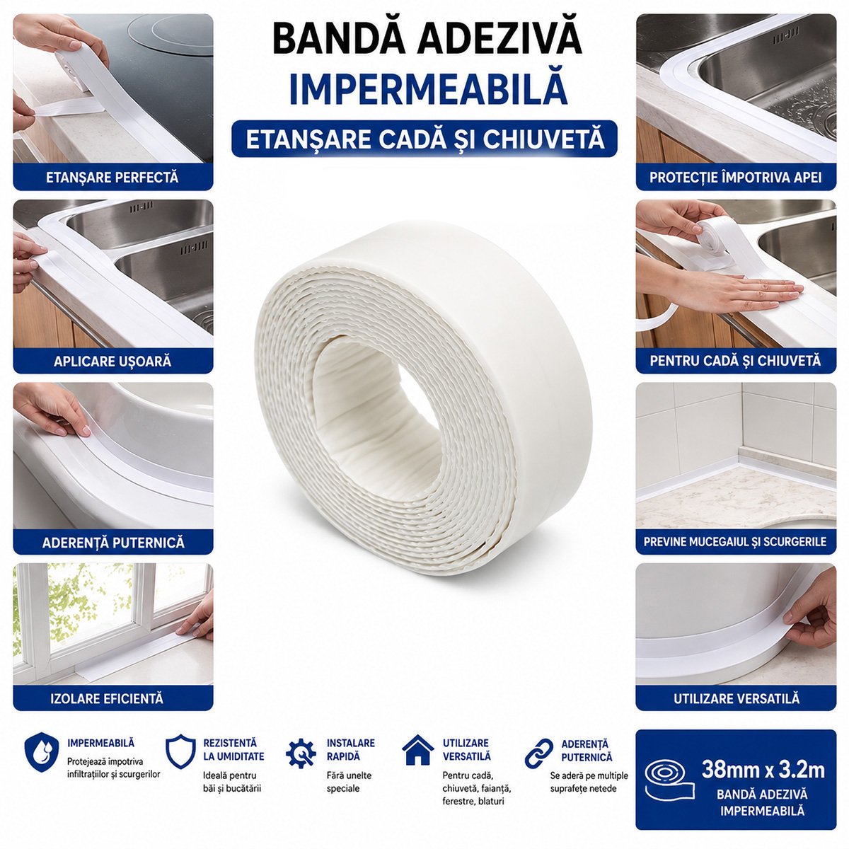 Banda etansare cada si chiuveta impermeabila autoadeziva 38mm x 3.2m HighPower - imagine 4
