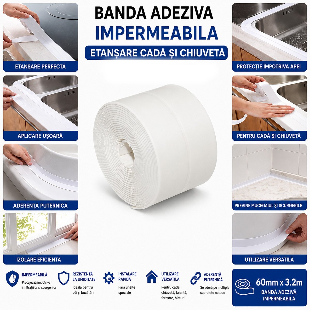 Banda etansare cada si chiuveta impermeabila autoadeziva 60mm x 3.2m HighPower - imagine 4