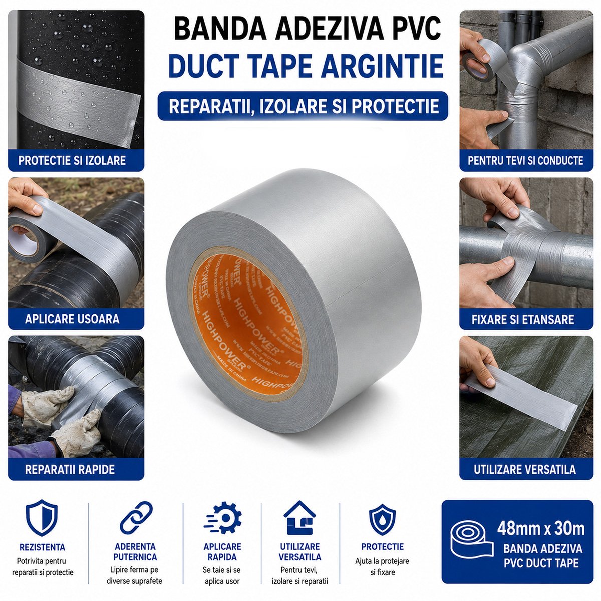 Banda adeziva Duct Tape PVC argintie 48mm x 30m pentru reparatii tevi HighPower - imagine 4