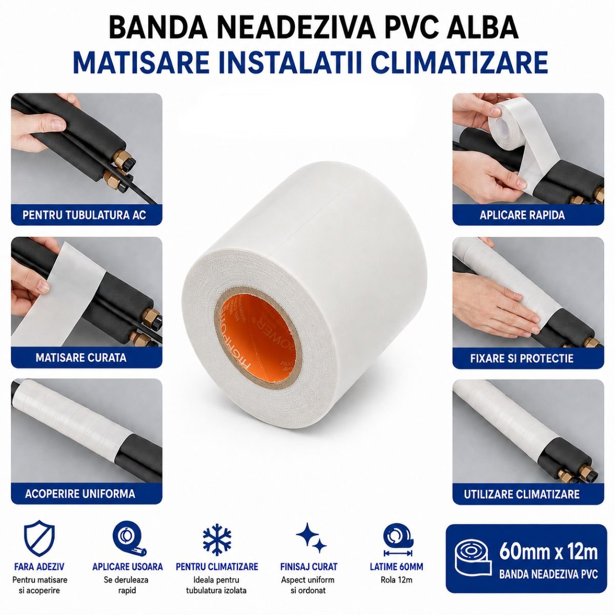 Banda matisat aer conditionat PVC alba neadeziva 60mm x 12m HighPower - imagine 4