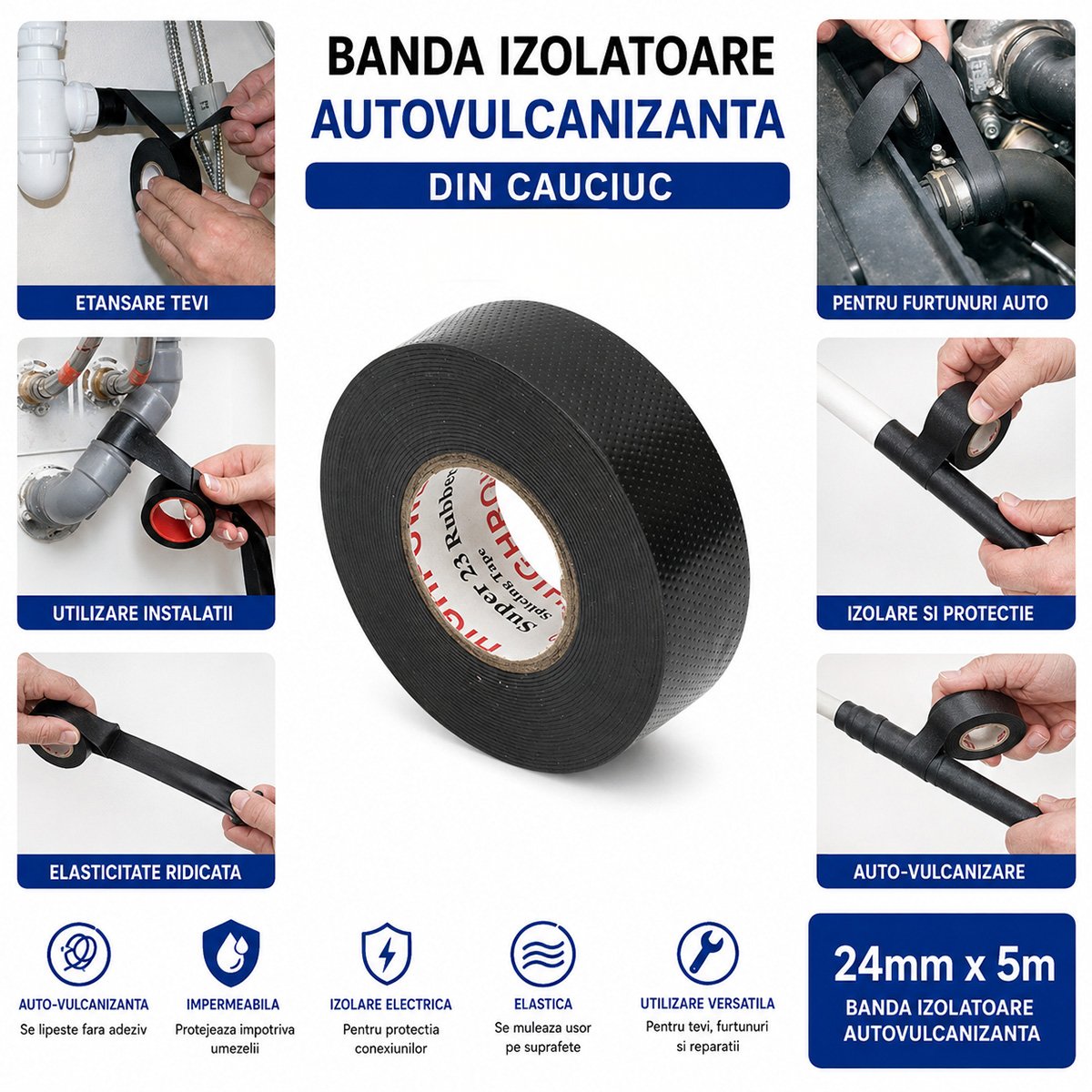 Banda autovulcanizanta electroizolanta din cauciuc 24mm x 5m Super 23 HighPower - imagine 4