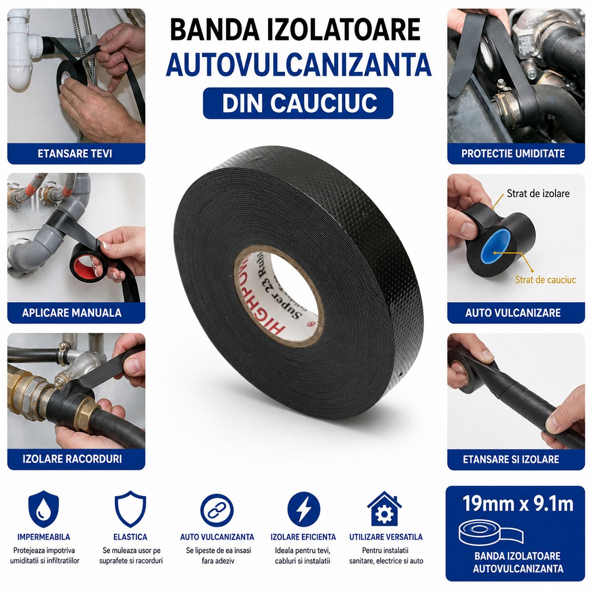 Banda autovulcanizanta electroizolanta din cauciuc 19mm x 9.1m Super 23 HighPower - imagine 4