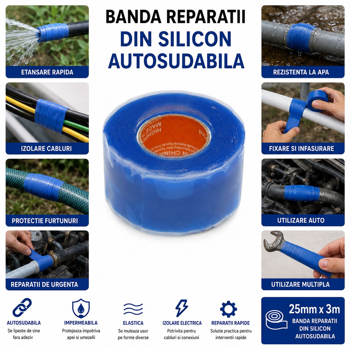 Banda siliconica autovulcanizanta electroizolanta impermeabila 25mm x 3m HighPower - imagine 4