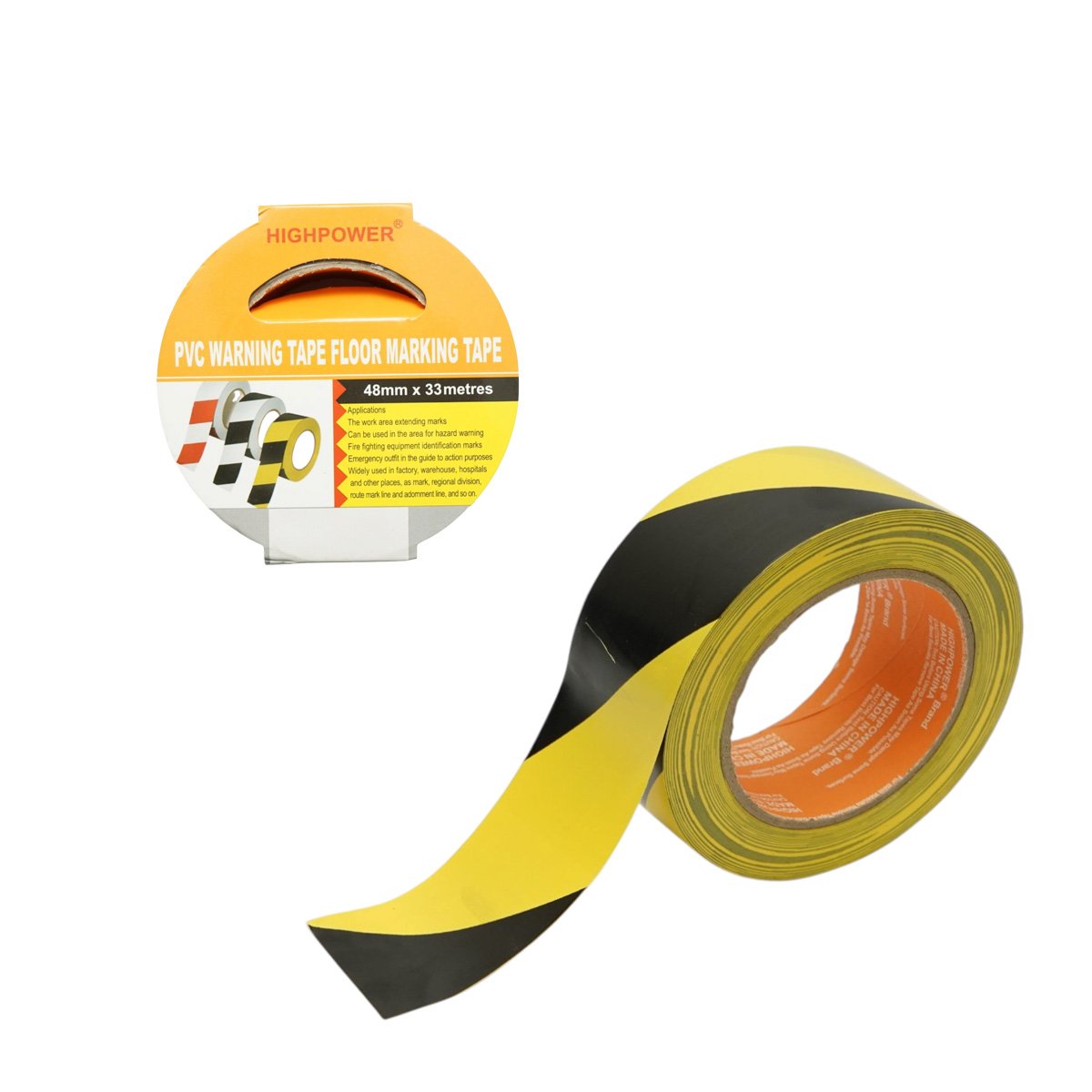 Banda adeziva de avertizare si marcare podea PVC galben-negru 48mm x 33m HighPower