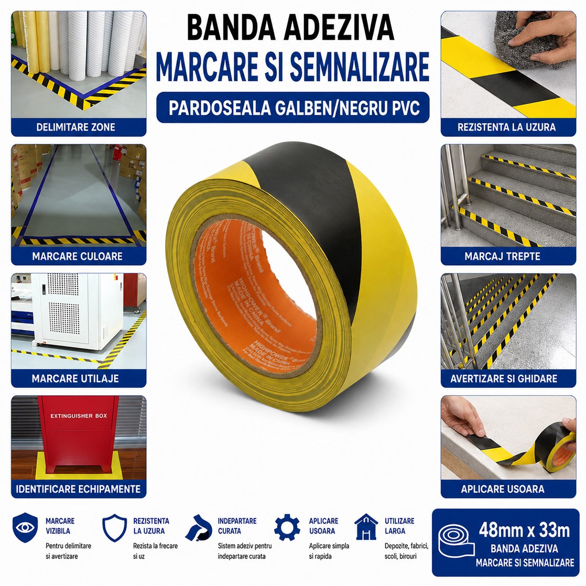 Banda adeziva de avertizare si marcare podea PVC galben-negru 48mm x 33m HighPower - imagine 4