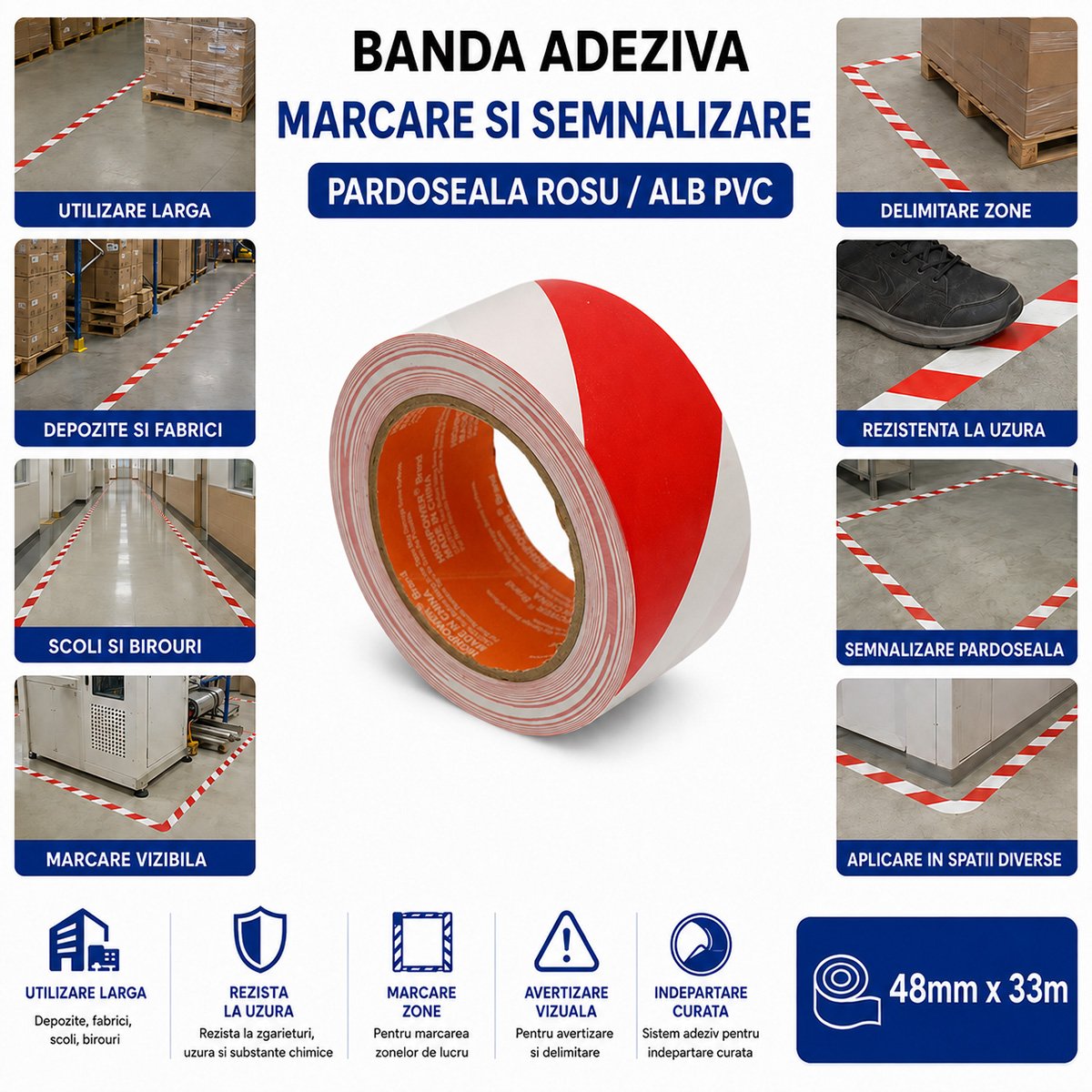 Banda adeziva de avertizare si marcare podea PVC rosu-alb 48mm x 33m HighPower - imagine 4