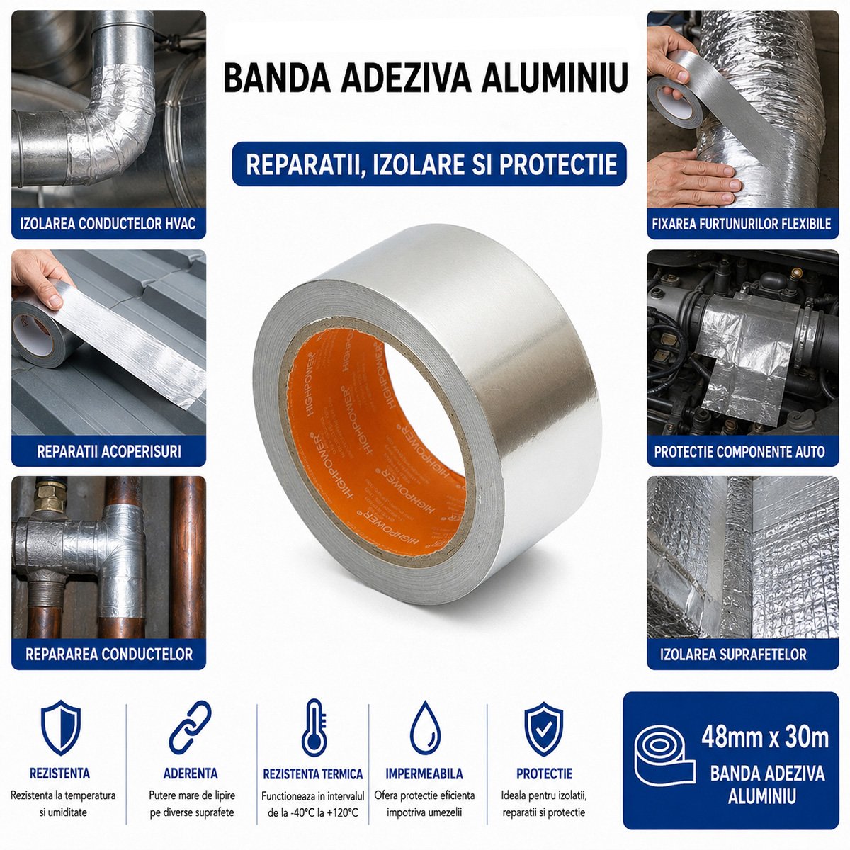 Banda adeziva aluminiu 48mm x 30m Duct Tape HighPower - imagine 4