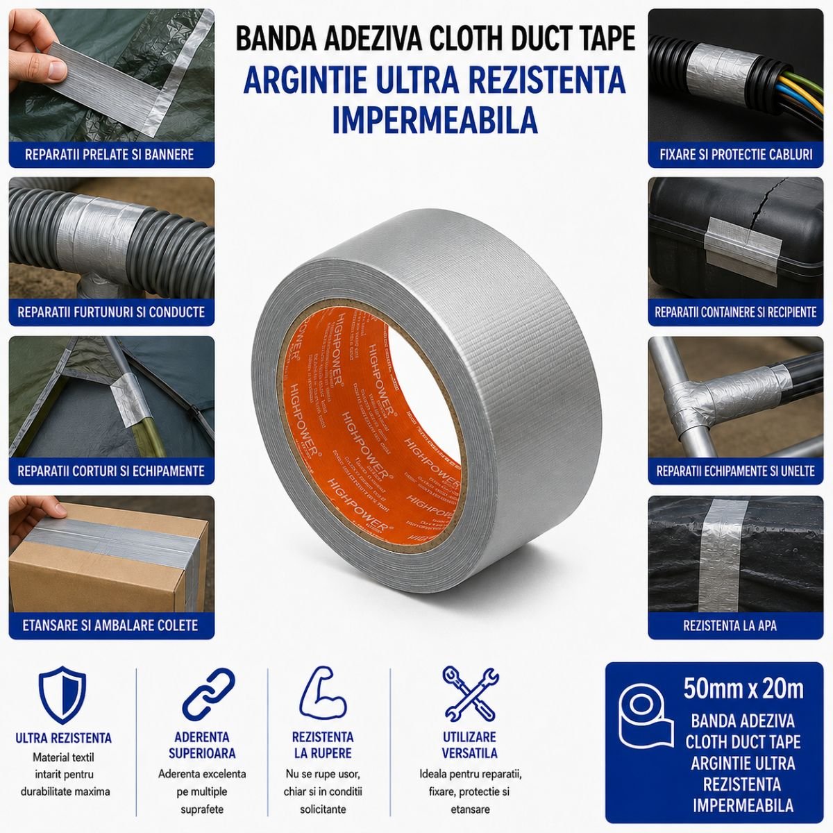 Banda adeziva textila Duct Tape argintie 50mm x 20m pentru reparatii HighPower - imagine 4