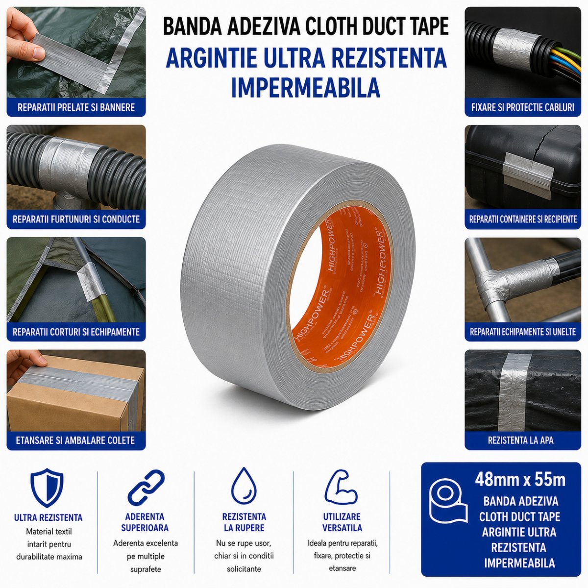 Banda adeziva textila Duct Tape argintie 48mm x 55m pentru reparatii HighPower - imagine 4