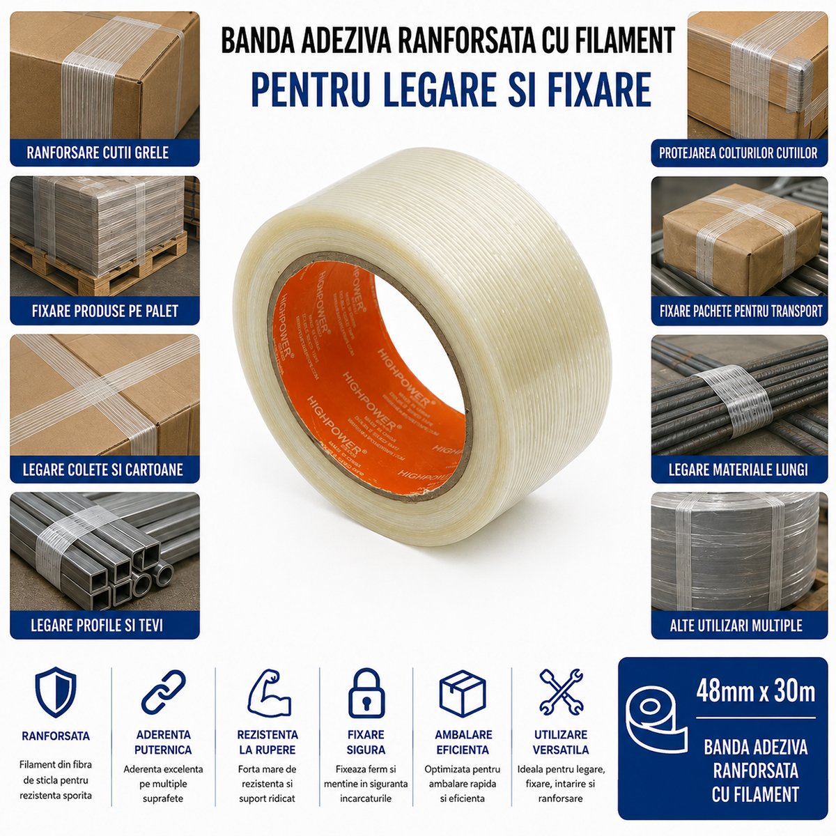 Banda adeziva ranforsata cu filament 48mm x 30m pentru ambalare HighPower - imagine 4