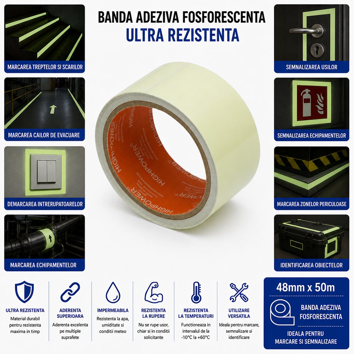 Banda adeziva fosforescenta verde 48mm x 50m HighPower - imagine 3