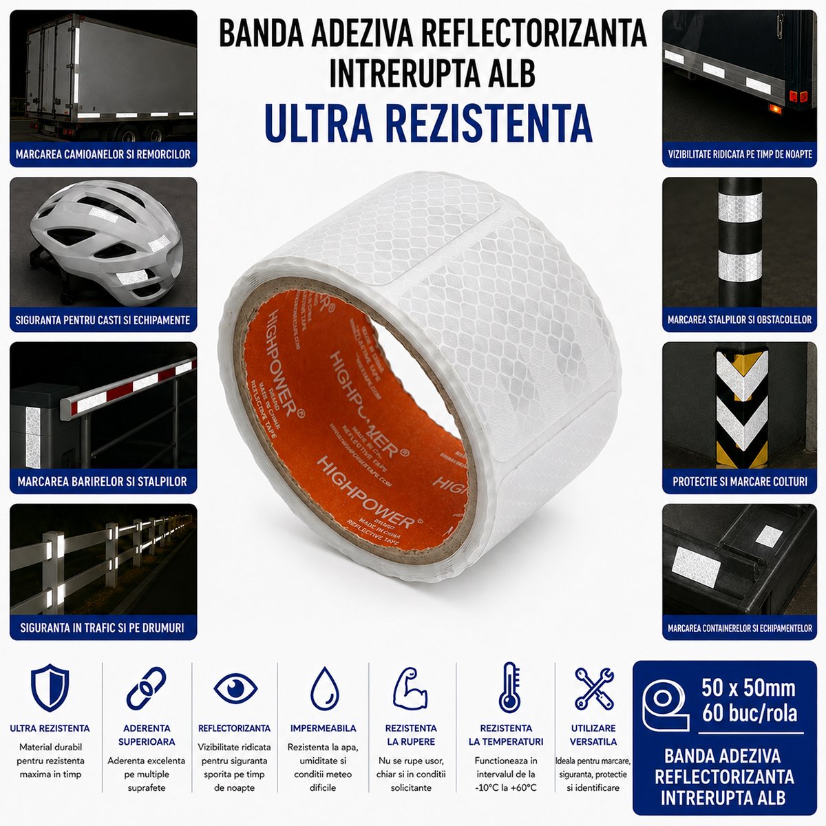 Banda reflectorizanta alba intrerupta autoadeziva 50x50mm 60 buc/rola HighPower - imagine 4