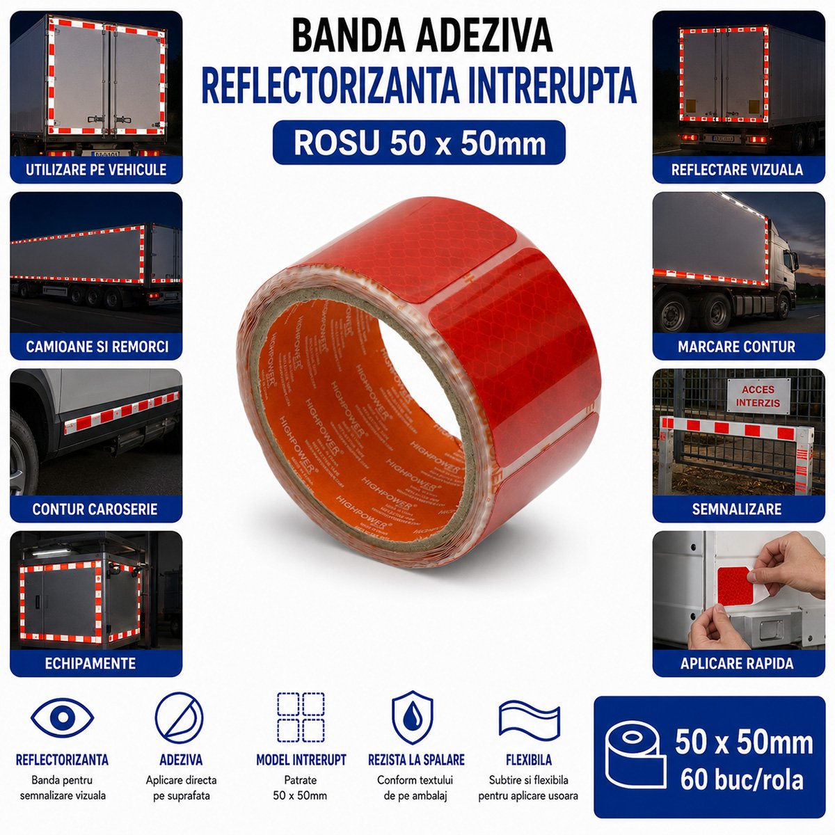 Banda reflectorizanta rosie intrerupta autoadeziva 50x50mm 60 buc/rola HighPower - imagine 4