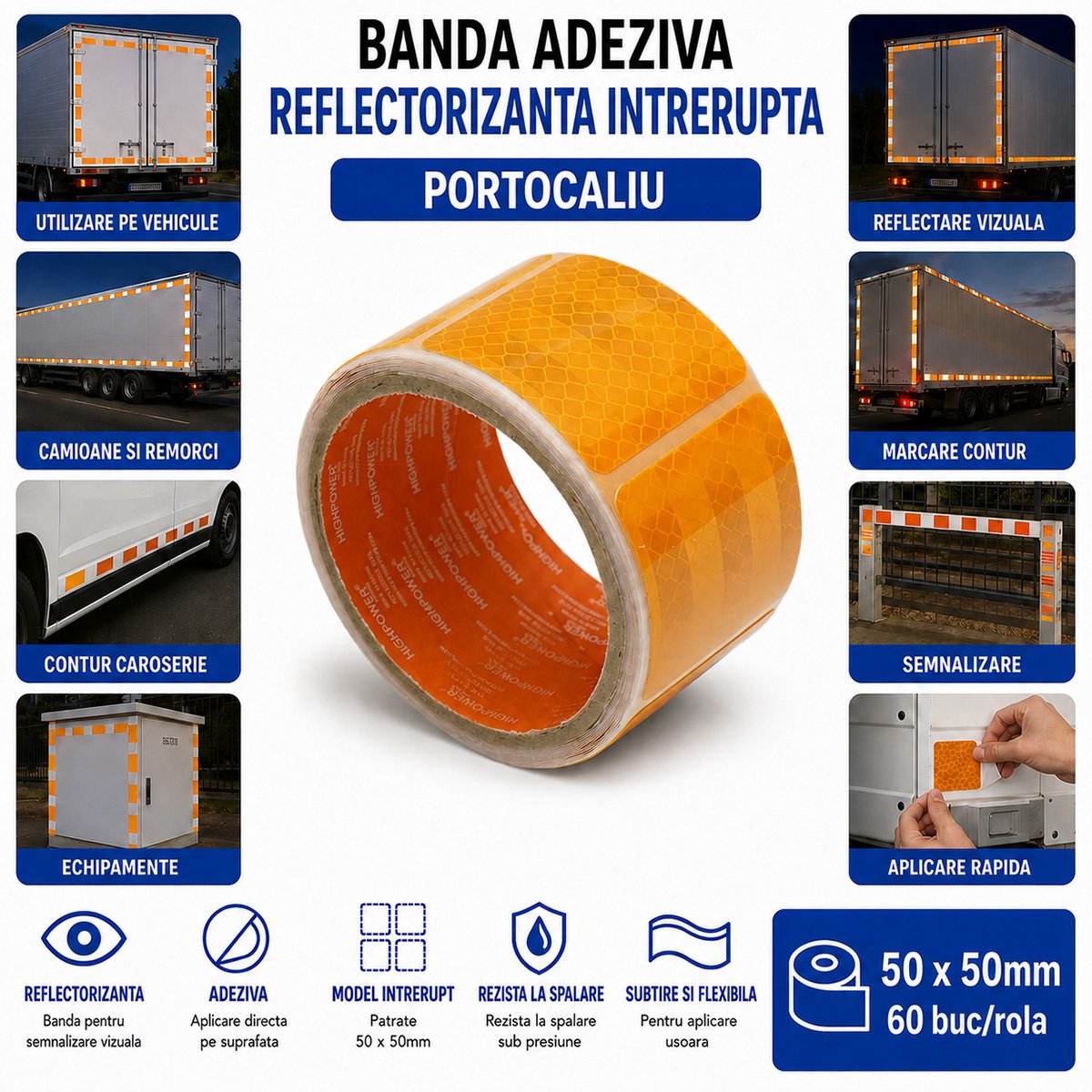 Banda reflectorizanta portocalie intrerupta autoadeziva 50x50mm 60 buc/rola HighPower - imagine 4