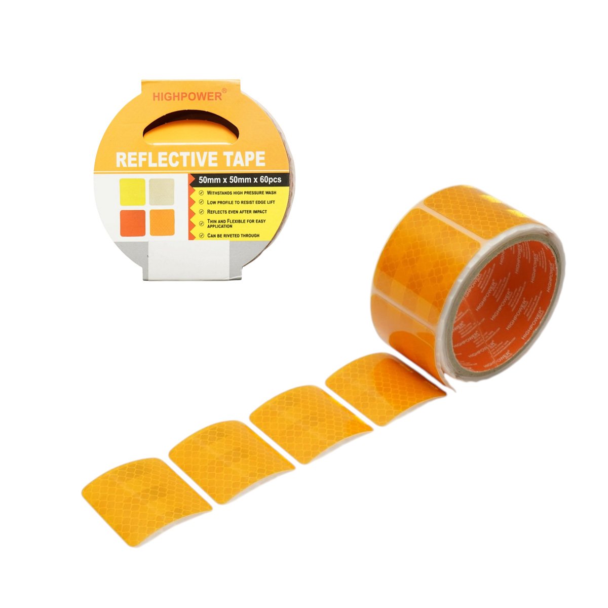 Banda reflectorizanta portocalie intrerupta autoadeziva 50x50mm 60 buc/rola HighPower