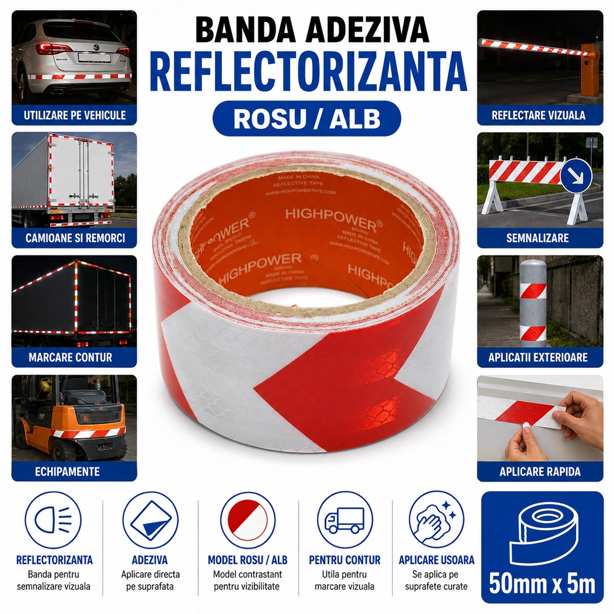 Banda reflectorizanta rosu-alb cu sageata autoadeziva 50mm x 5m HighPower - imagine 4