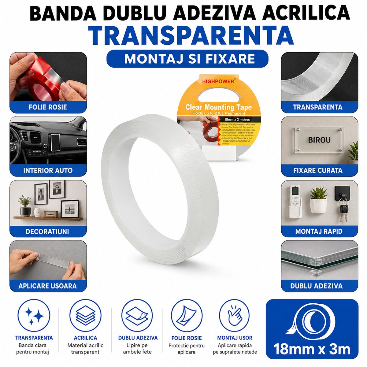 Banda dublu adeziva acrilica transparenta ranforsata 18mm x 3m HighPower - imagine 4