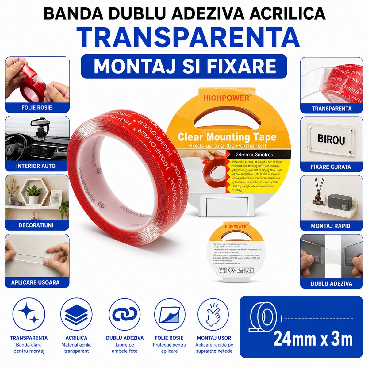 Banda dublu adeziva acrilica transparenta 24mm x 3m HighPower - imagine 4