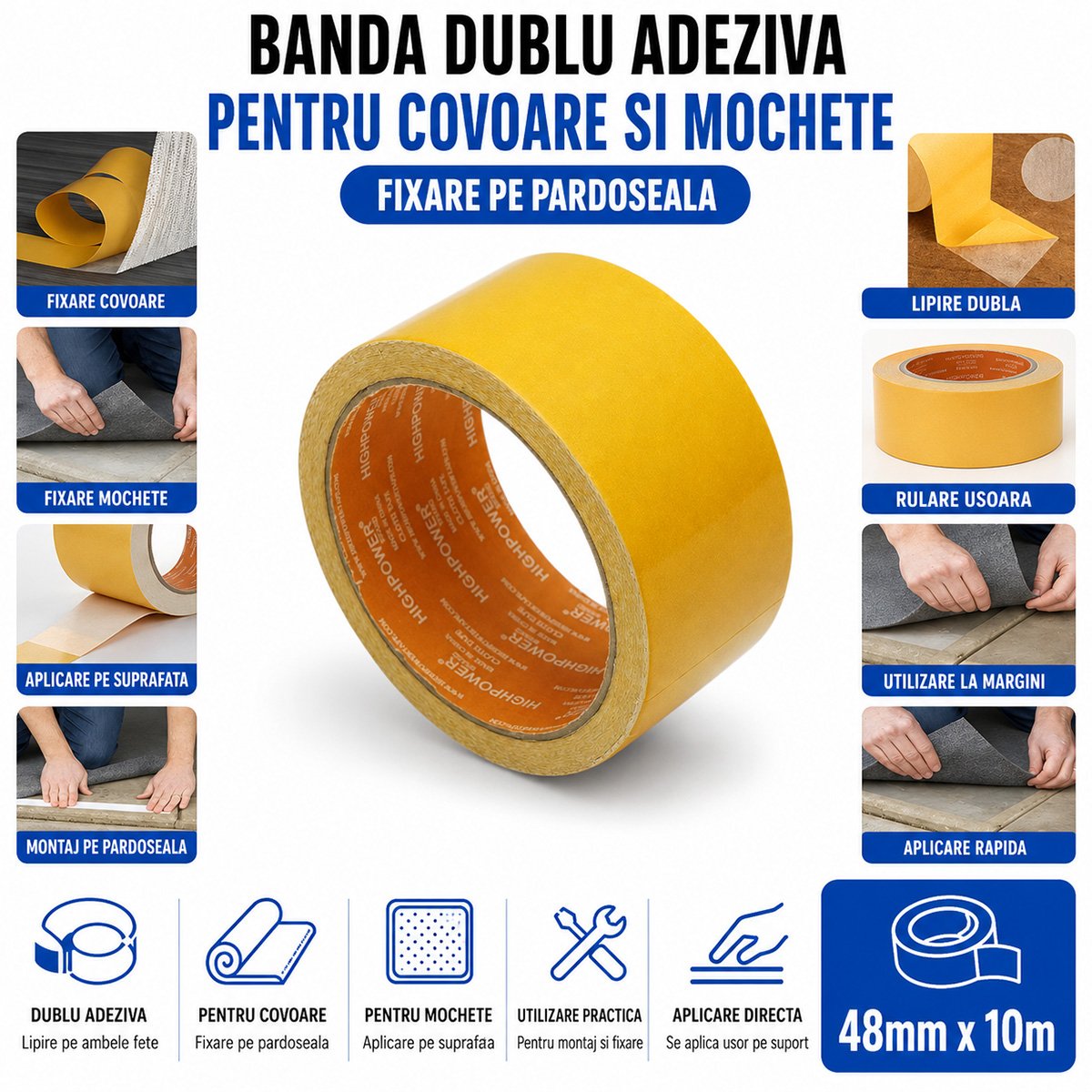 Banda dublu adeziva textila 48mm x 10m pentru mochete si covoare HighPower - imagine 4