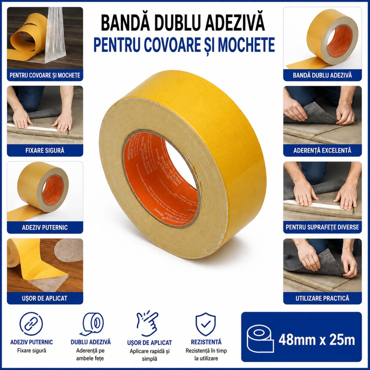 Banda dublu adeziva textila 48mm x 25m pentru mochete si covoare HighPower - imagine 4